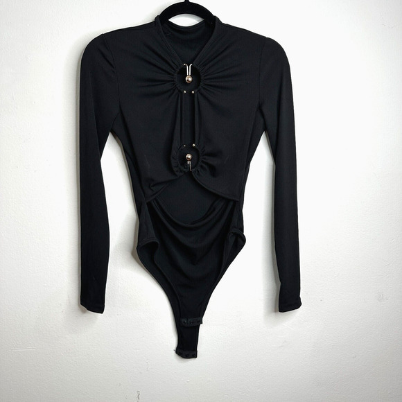 Sophie Anne Keyhole Black Bodysuit Gold Tone Hardware Long Sleeve Rib Knit 2 - Picture 2 of 14